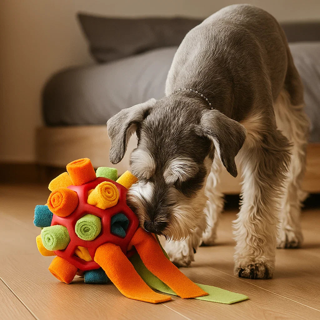 Grijze schnauzer snuffelt aan de rode snuffelbal met oranje en groene lapjes