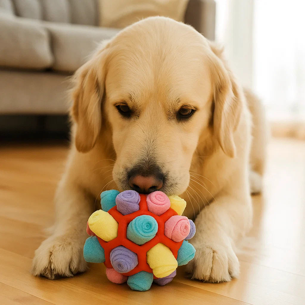 Golden retriever ligt op houten vloer met neus in pastelkleurige snuffelbal