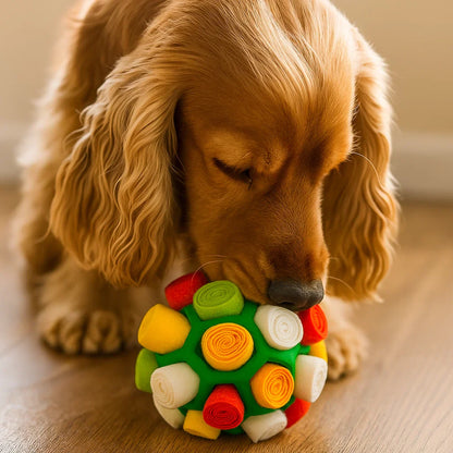 Close-up van een cockerspaniël die snuffelt aan een groene bal met witte en oranje rolletjes