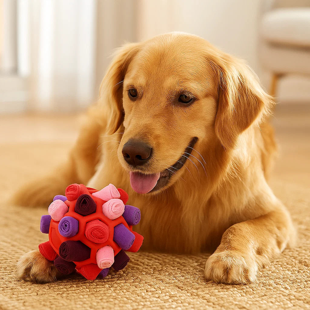 Golden retriever ligt op een kleed naast een rode bal met paarse en roze rolletjes