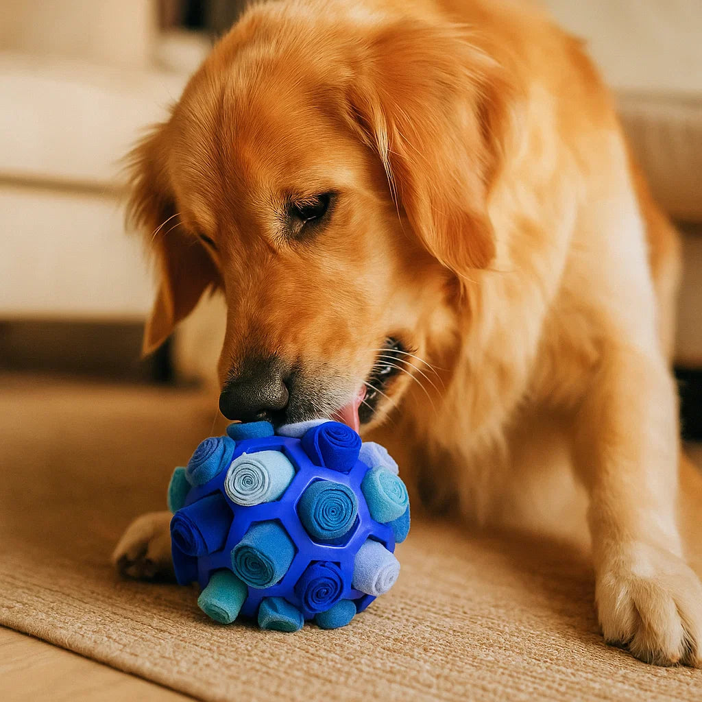 Golden retriever likt aan een blauwe snuffelbal met lichtblauwe stoffen rolletjes