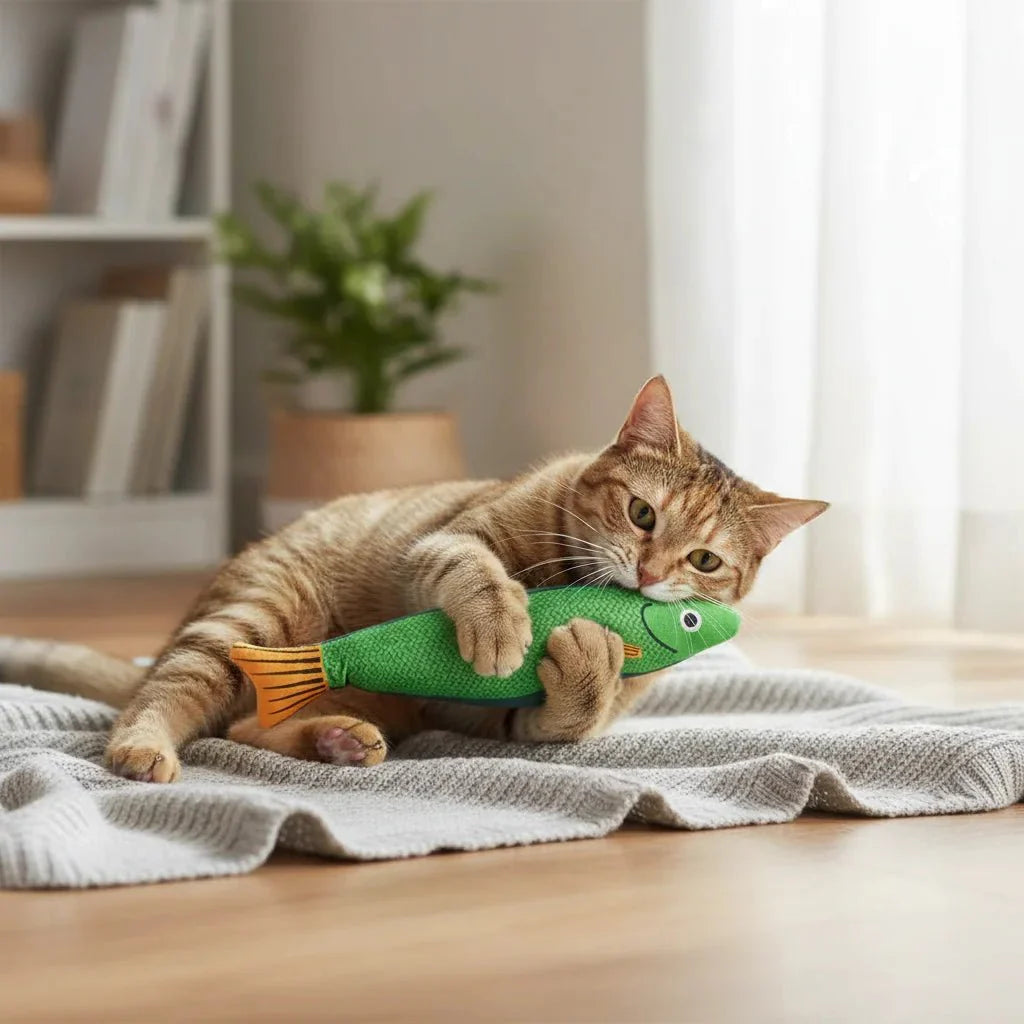 Gestreepte kat ligt op grijs dekentje met de groene vis