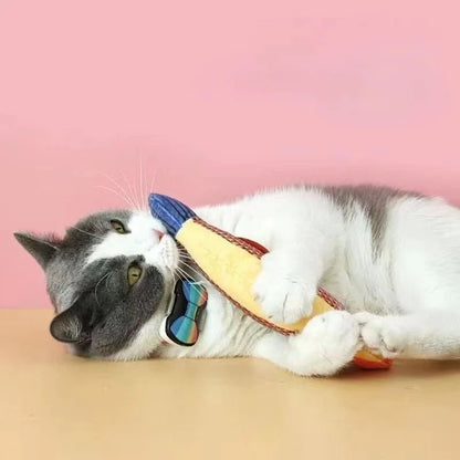 Grijs-witte kat met strikje knuffelt de vis tegen roze achtergrond