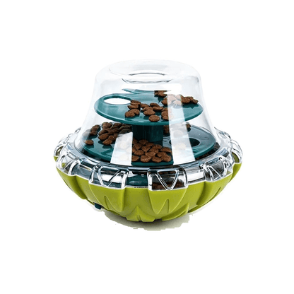 Groene snackbal voor honden met doorzichtige koepel en blauwgroene schijven vol brokjes