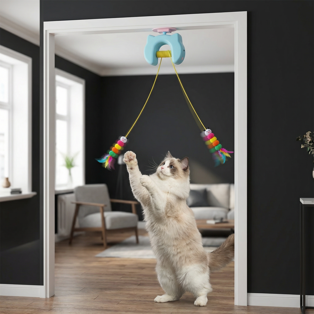 Lichtblauw kattenspeeltje aan deurpost met twee veren, kat staat op achterpoten