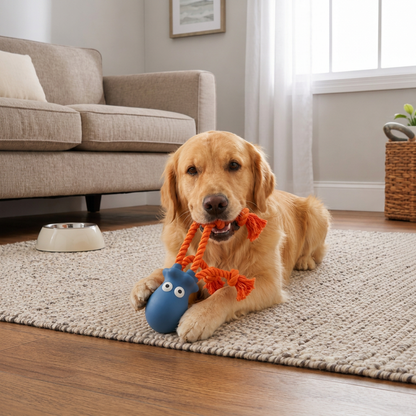 Golden retriever op vloerkleed met blauw latex octopus hondenspeeltje met oranje touw