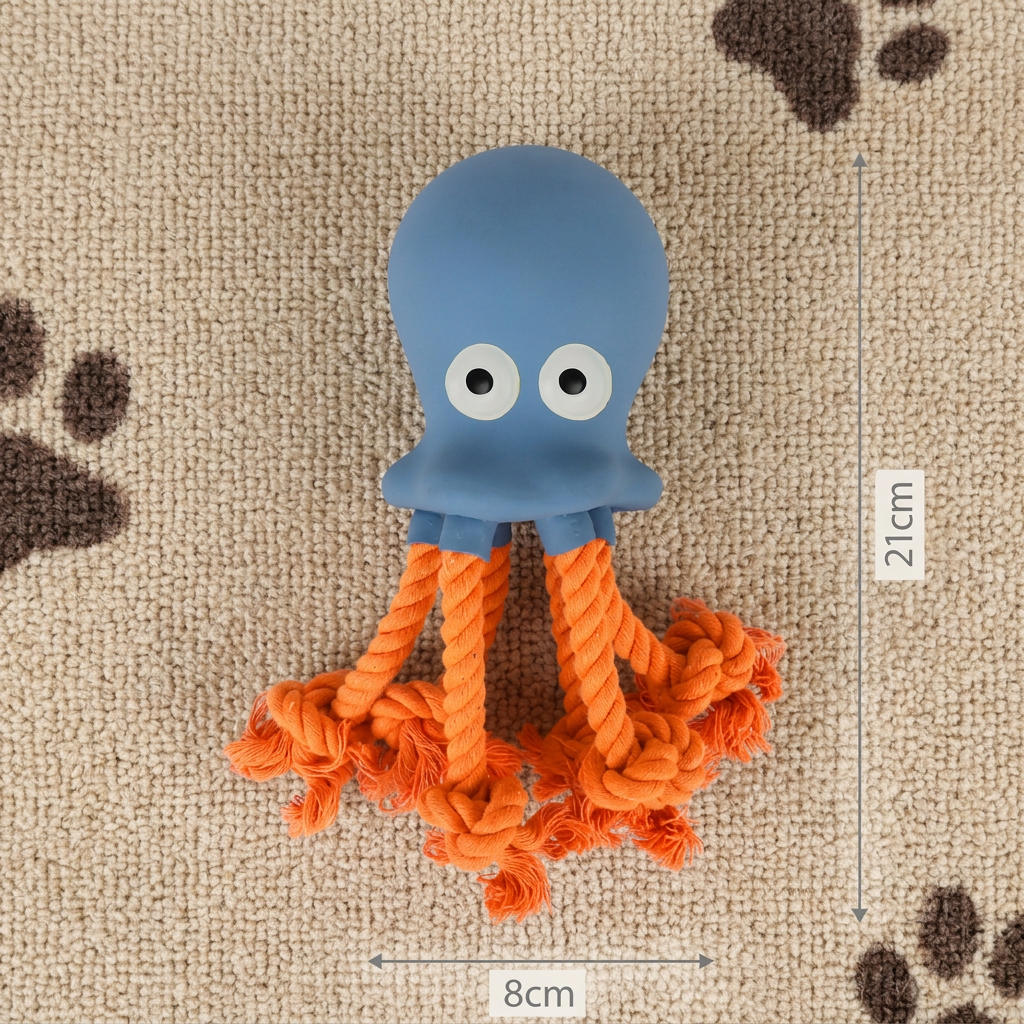 Blauwe latex octopus met oranje touwpoten, afmetingen 8 bij 21 cm