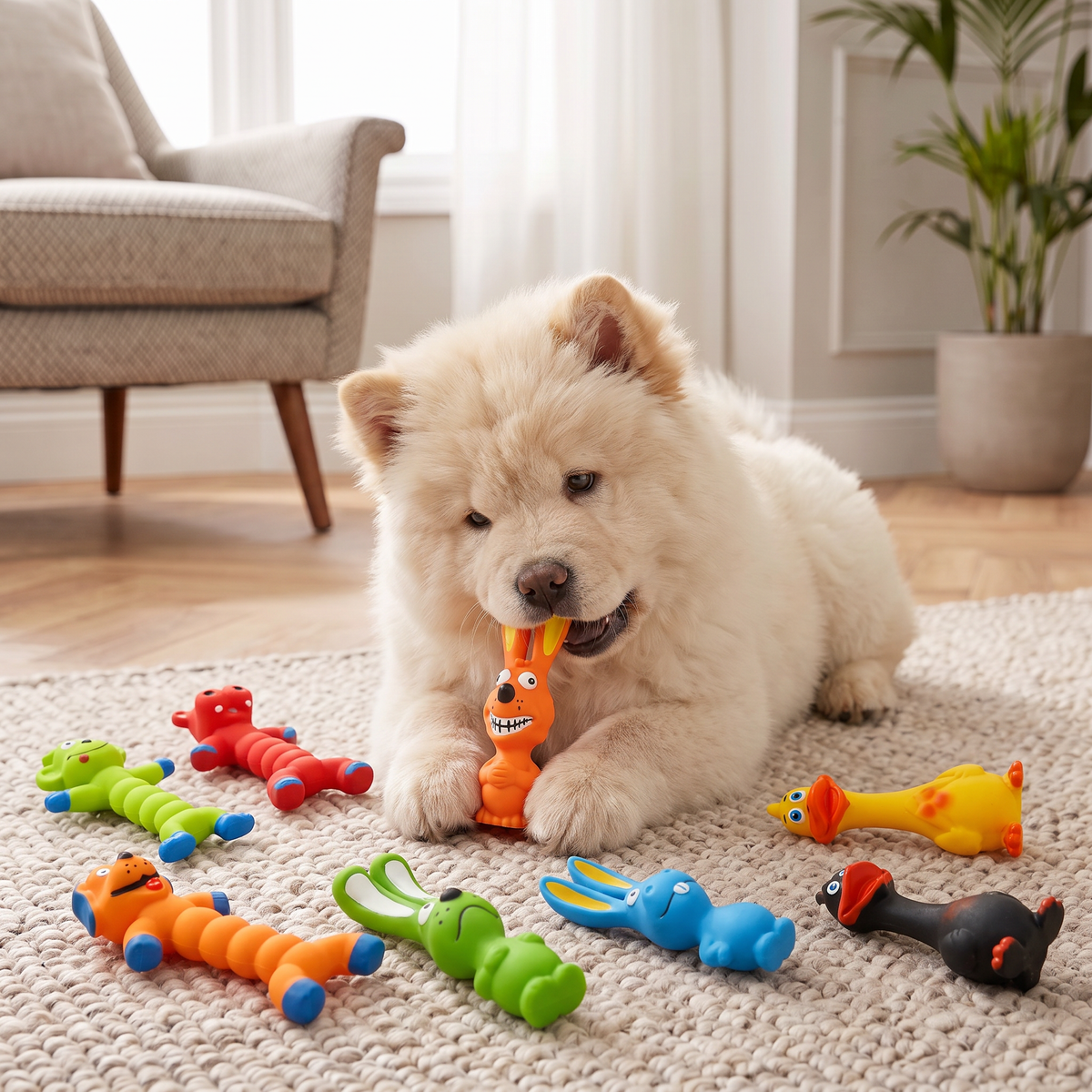 Witte pluizige pup met latex kauwspeeltjes in diervormen op een vloerkleed