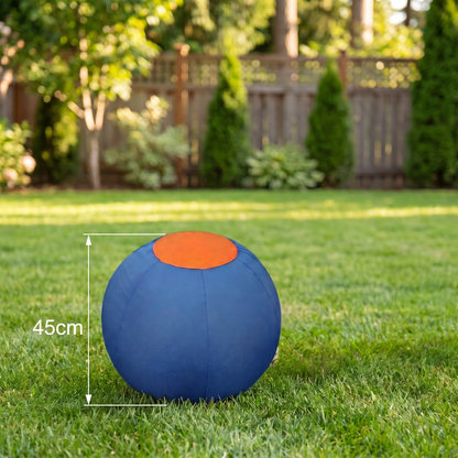 Blauwe herding bal van 45 cm op gazon in een tuin met schutting