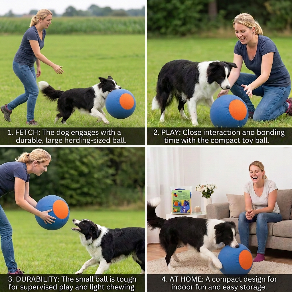 Vier beelden van vrouw en border collie die met de bal spelen, buiten en binnen