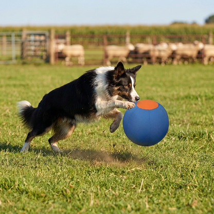 Border collie springt naar blauwe herding bal met oranje top op weiland met schapen