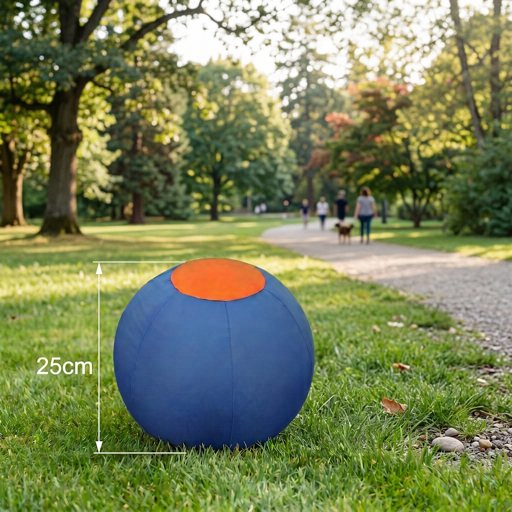 Kleine blauwe bal van 25 cm op gras naast een parkpad