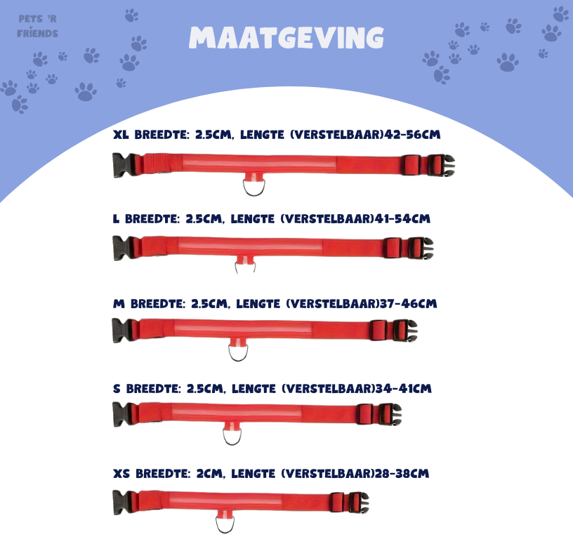 Maattabel van de halsband, maat XS tot XL met verstelbare lengtes