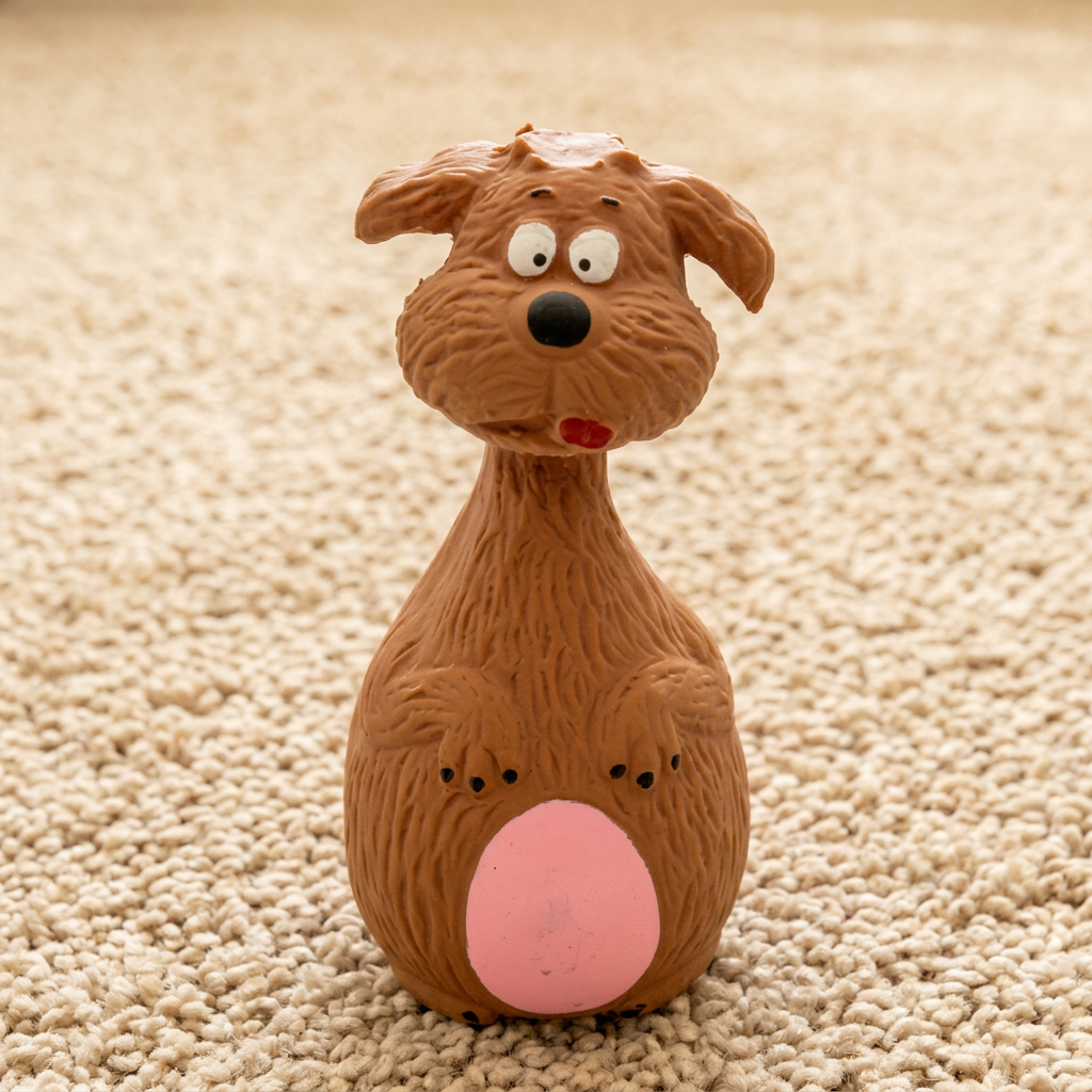 Bruin puppyspeeltje van latex met roze buik op beige tapijt