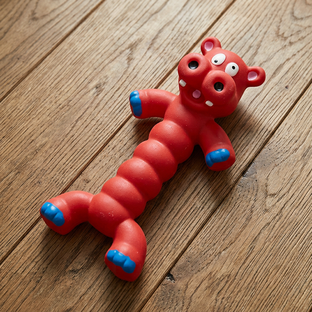 Rood nijlpaardje met geribbeld lijf en blauwe pootjes op hout