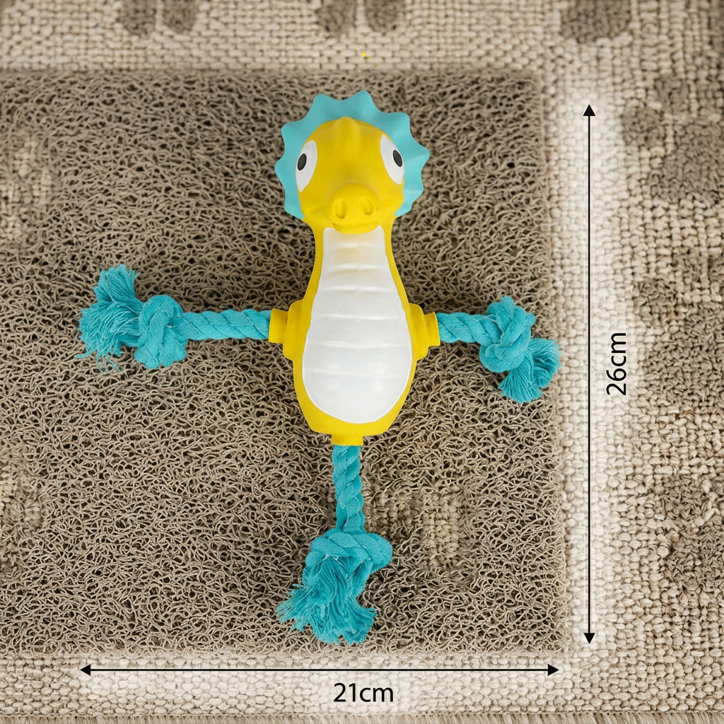 Geel-blauw zeepaardje van latex met turquoise touw, afmetingen 21 bij 26 cm