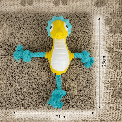 Geel-blauw zeepaardje van latex met turquoise touw, afmetingen 21 bij 26 cm