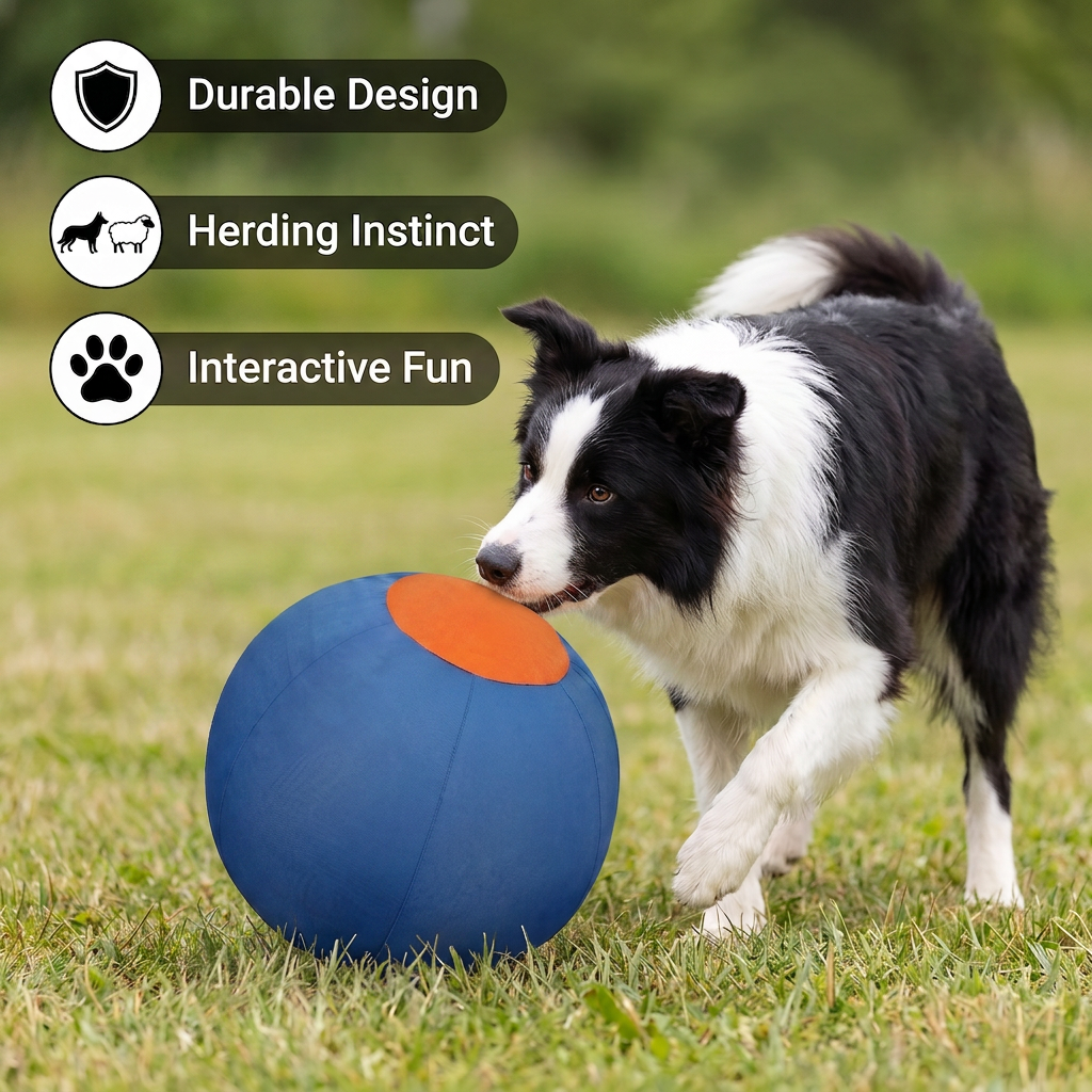 Border collie duwt de blauwe bal met zijn neus over het gras