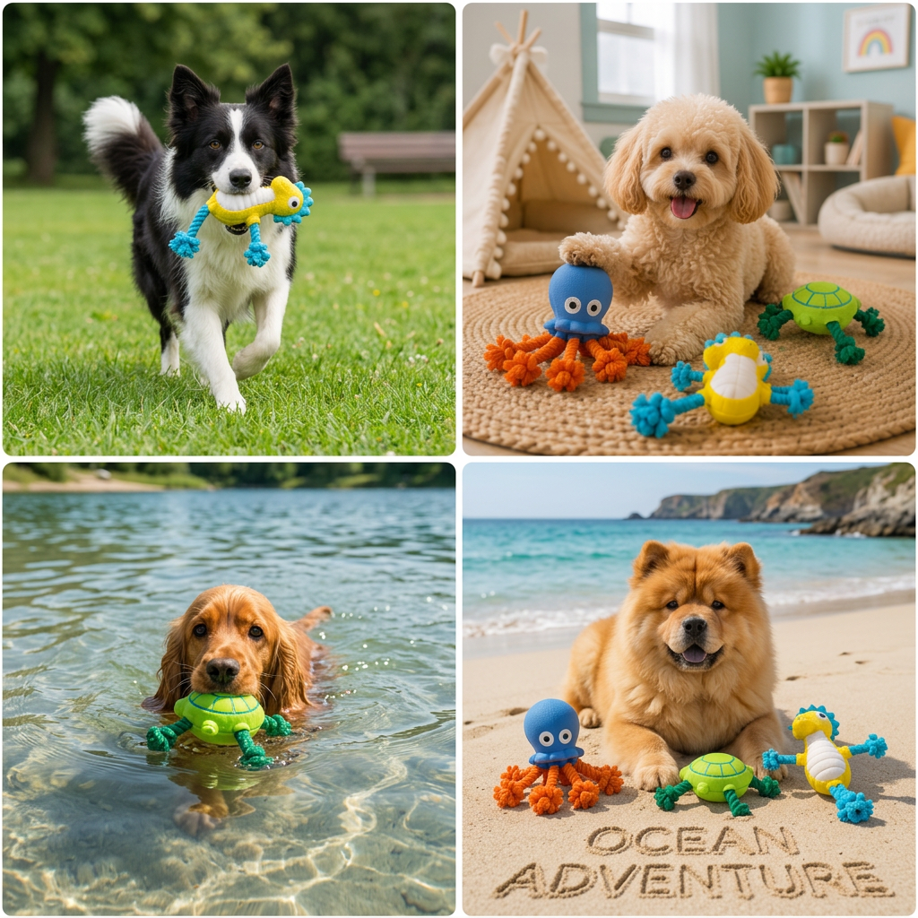 Honden spelen met de speeltjes op gras, in huis, in water en op strand