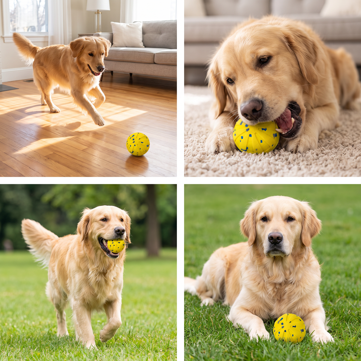 Vier situaties met golden retriever en gele bal binnen en op het gras
