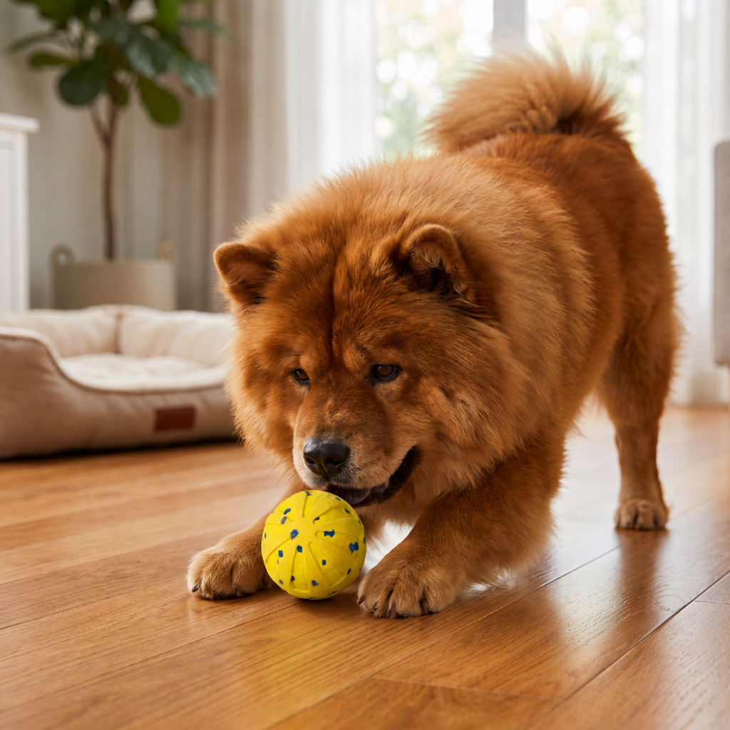 Chowchow speelt op houten vloer met gele zelfrollende hondenbal met blauwe stippen