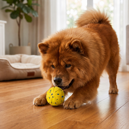 Chowchow speelt op houten vloer met gele zelfrollende hondenbal met blauwe stippen
