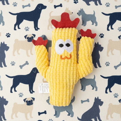 Gele cactus met drie armen en rode toppen op achtergrond met honden